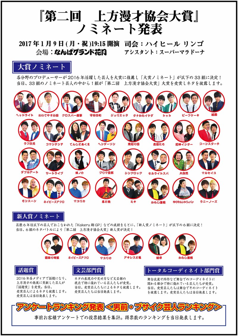 「第二回上方漫才協会大賞」のノミネート者。