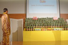 パイナップル1年分を目の当たりにするピコ太郎。