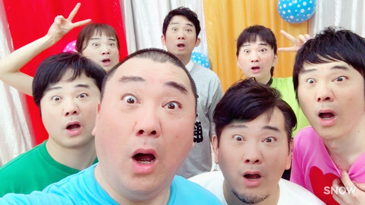26日配信の「フジモンが芸能界から干される前にNON STYLEがやりたい10のこと」に出演した極楽とんぼ山本（手前）と、アプリを使って顔交換した出演者たち。