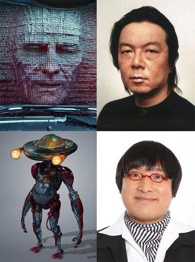 南海キャンディーズ山里（右下）が演じるアルファ5（左下）と古田新太（右上）が演じるゾードン（左上）。