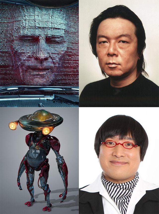 南海キャンディーズ山里（右下）が演じるアルファ5（左下）と古田新太（右上）が演じるゾードン（左上）。