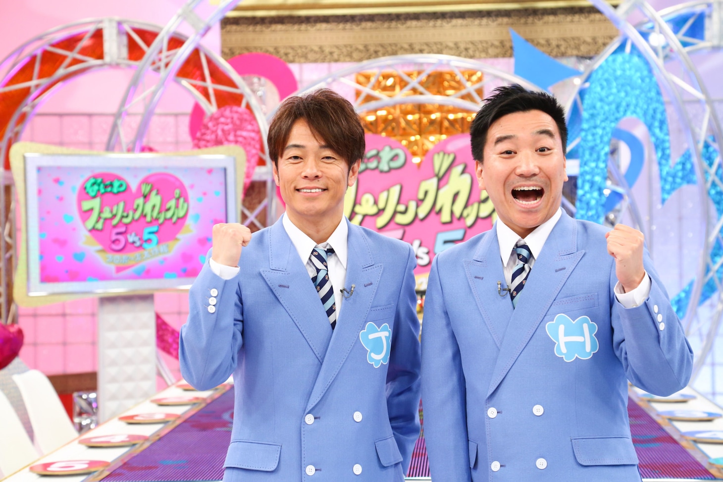 「プロポーズ大作戦 なにわ フィーリングカップル 5vs5」司会の陣内智則、月亭八光（左から）。