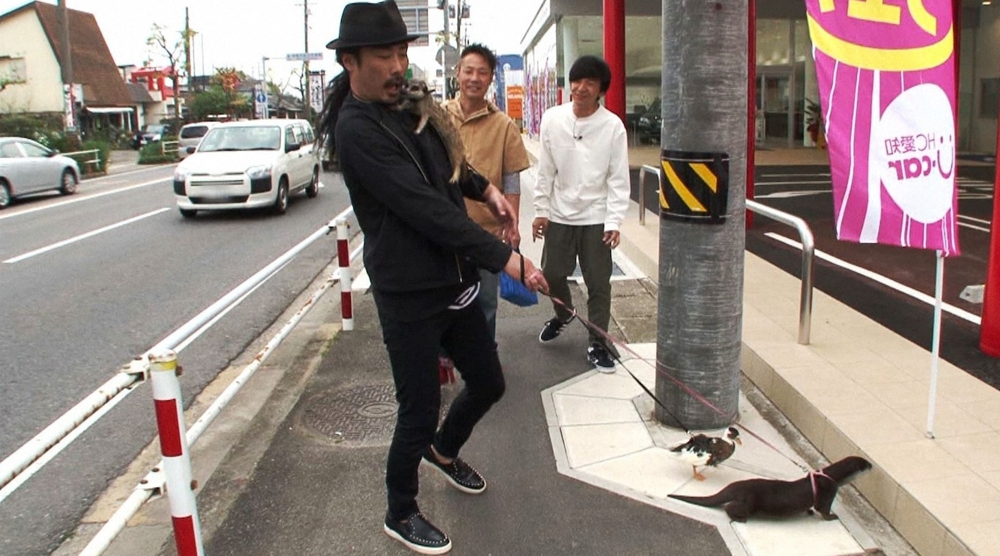 飼い主と共にペットの世話を手伝うパンサー菅（左）、パンサー向井（右）。(c)TBS