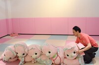 嫌な顔ひとつせず指示に従い、アルパカのぬいぐるみの並び位置を整えるスタッフ。