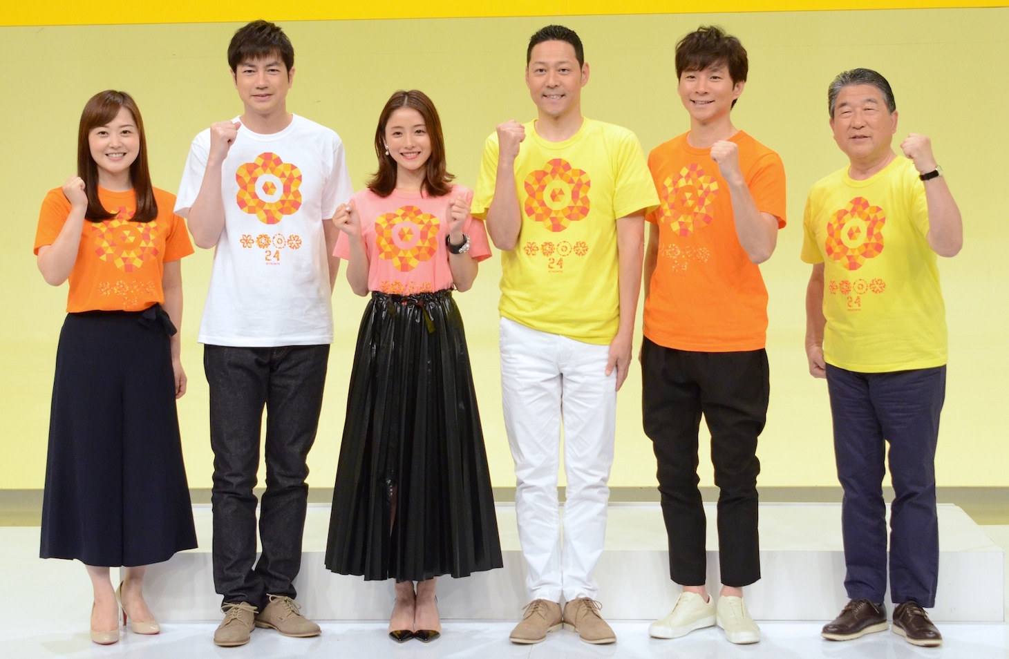 左から水ト麻美アナウンサー、羽鳥慎一、石原さとみ、東野幸治、アンジャッシュ渡部、徳光和夫。