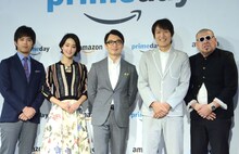 左から、Amazonプライム・ビデオの新ドラマに出演する三浦貴大と剛力彩芽、アマゾンジャパン合同会社社長ジャスパー・チャン氏、千原ジュニア、野性爆弾くっきー。