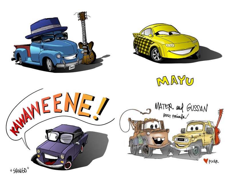 (左上から時計回りに)奥田民生、松岡茉優、山口智充、オリエンタルラジオ藤森を“カーズ化”したイラスト。