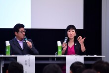 パネルディスカッションを繰り広げる（左から）松井一郎大阪府知事、ハイヒール・リンゴ。