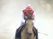 オファーシリーズ第5弾より、ムツゴロウさんと乗馬対決するナインティナイン岡村。(c)フジテレビ