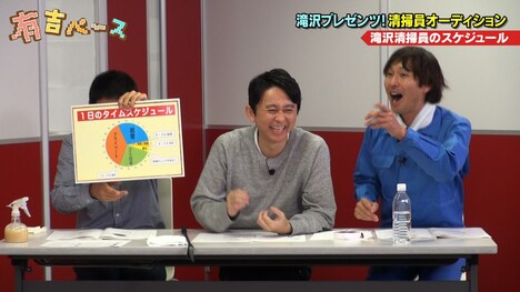 有吉弘行（中央）、マシンガンズ滝沢（右）ら。(c)フジテレビ