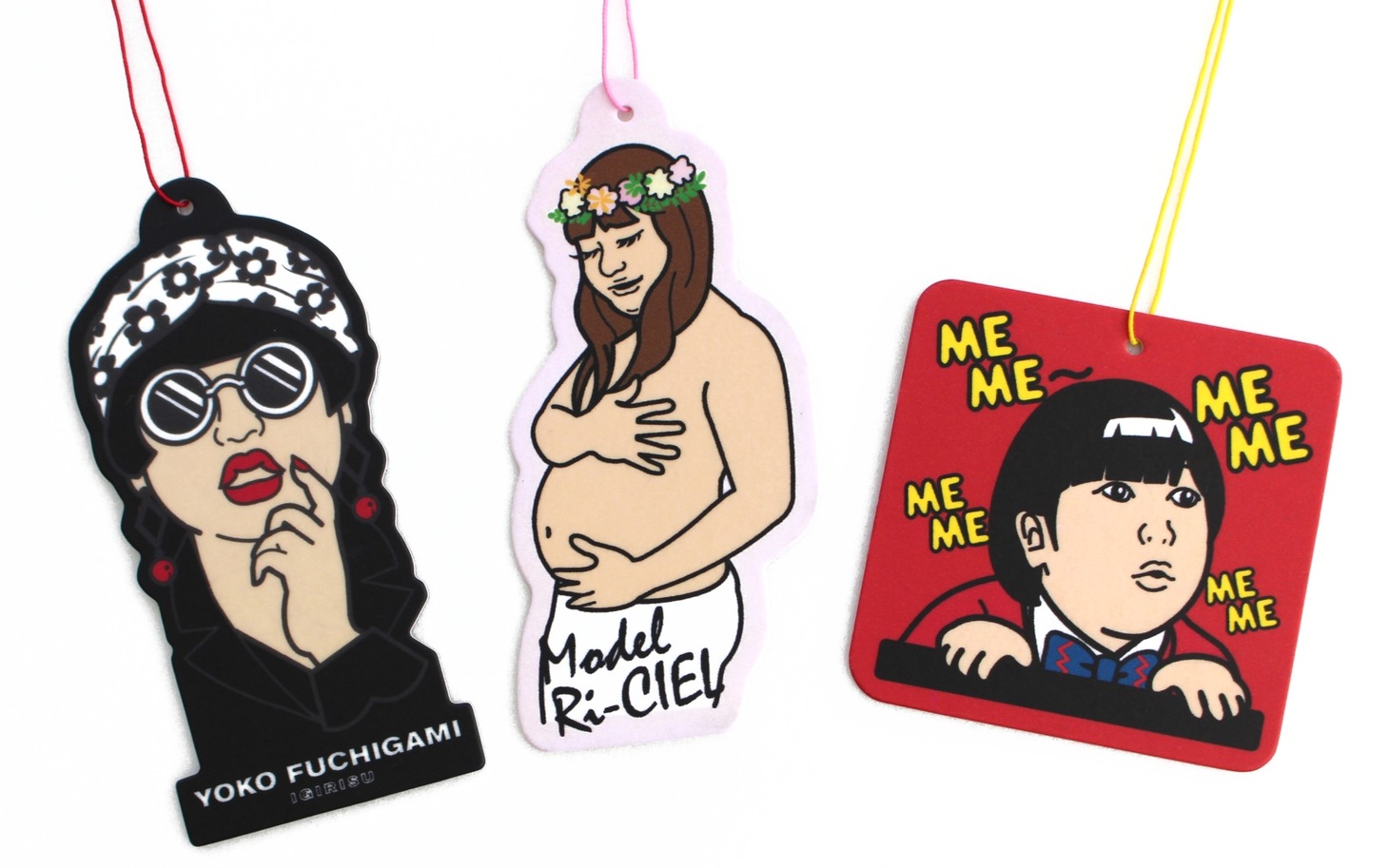 左から「YOKO FUCHIGAMIフレッシュナー」「リシエルフレッシュナー」「上杉みちくんフレッシュナー」。