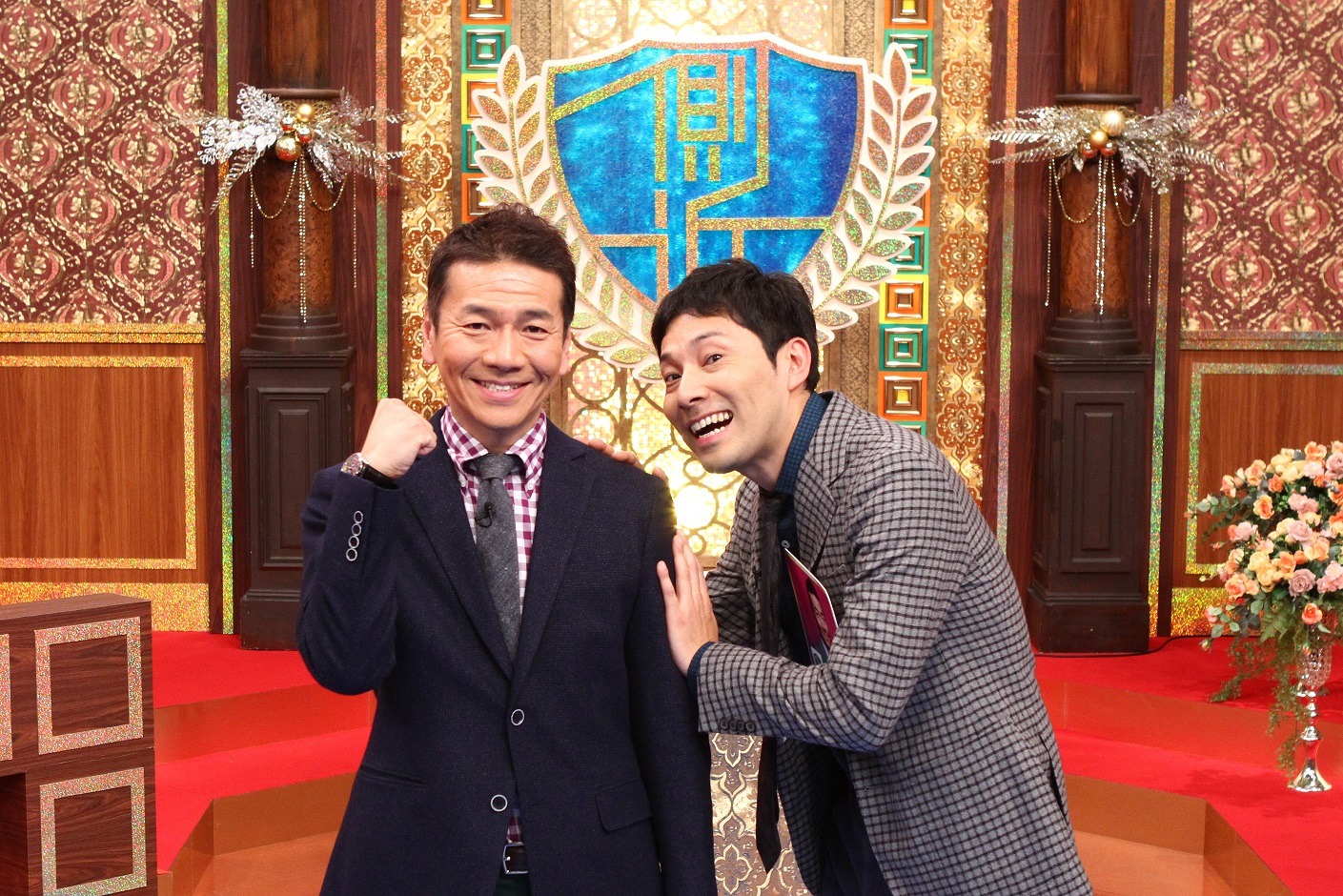 「一流有名人の側近に学ぶ処世術『ソッキング』」MCの（左から）くりぃむしちゅー上田、浜ロン。(c)中京テレビ