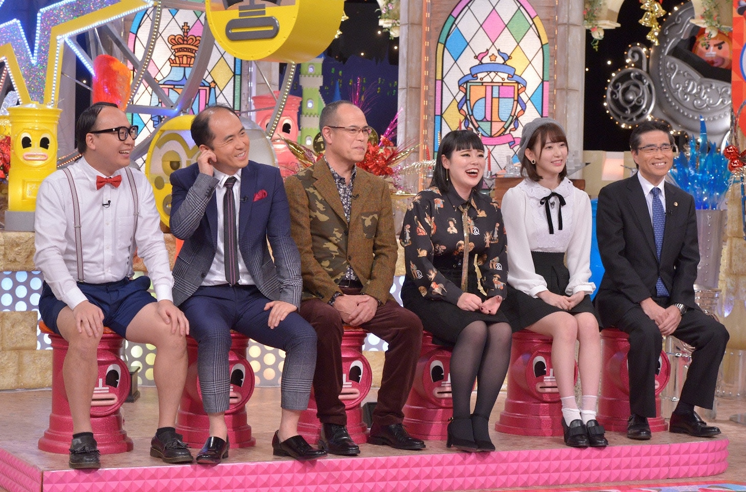 左からトレンディエンジェル、田中要次、ブルゾンちえみ、宮脇咲良、若狭勝。(c)読売テレビ
