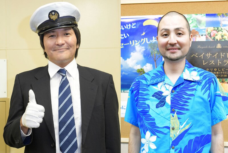 タクシー運転手役のスリムクラブ真栄田（左）、ボートハウスの店長役のスリムクラブ内間（右）。(c)TBS