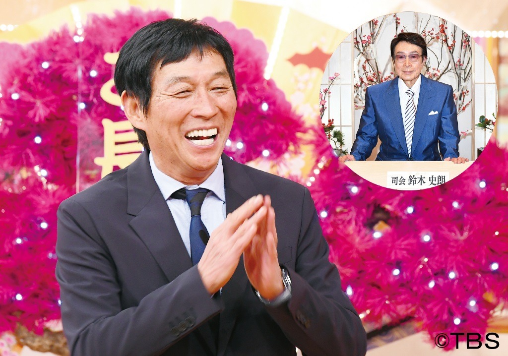 「爆笑！明石家さんまのご長寿グランプリ2017」司会の明石家さんまと、コーナー司会の鈴木史朗（右上）。