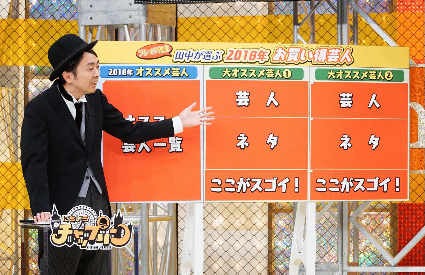 オススメ芸人を紹介するアンガールズ田中。