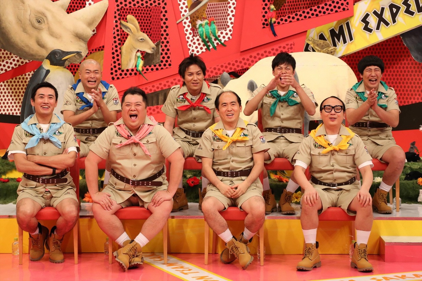 「土曜プレミアム『坂上探検隊』」に出演する（前列左から）劇団ひとり、ブラックマヨネーズ小杉、トレンディエンジェル、（後列左から）あばれる君、狩野英孝、ラフレクラン。(c)フジテレビ
