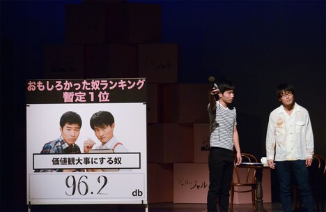 観客の拍手の大きさを測る「ドリンクこぼした瞬間店やめる奴」（左）。