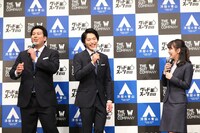 「THE SUIT COMPANY 『グッドスーツの日』制定記念PRイベント」に登場した（左から）レインボー、伊原六花。