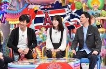 （左から）アンジャッシュ渡部、長島三奈、ますだおかだ岡田。(c)テレビ朝日