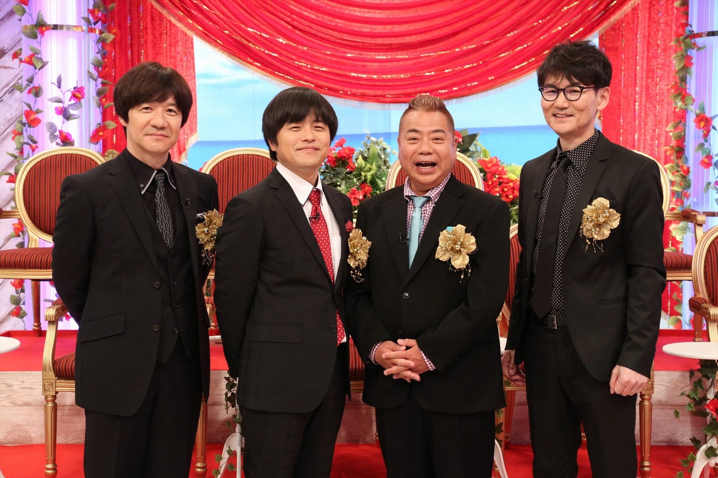 「金曜プレミアム『ウンナン出川バカリの超！休み方改革～1秒でも無駄にしない！やりたい事全部やる休日SP～」に出演する（左から）内村光良、バカリズム、出川哲朗、南原清隆。(c)フジテレビ