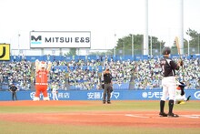 ひょっこりはんによる始球式の様子。