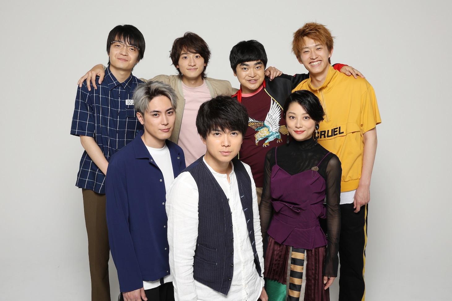 ドラマ「ゼロ 一獲千金ゲーム」に出演する（上段左から）岡山天音、小関裕太、加藤諒、杉野遥亮、（下段左から）間宮祥太朗、加藤シゲアキ、小池栄子。(c)日本テレビ