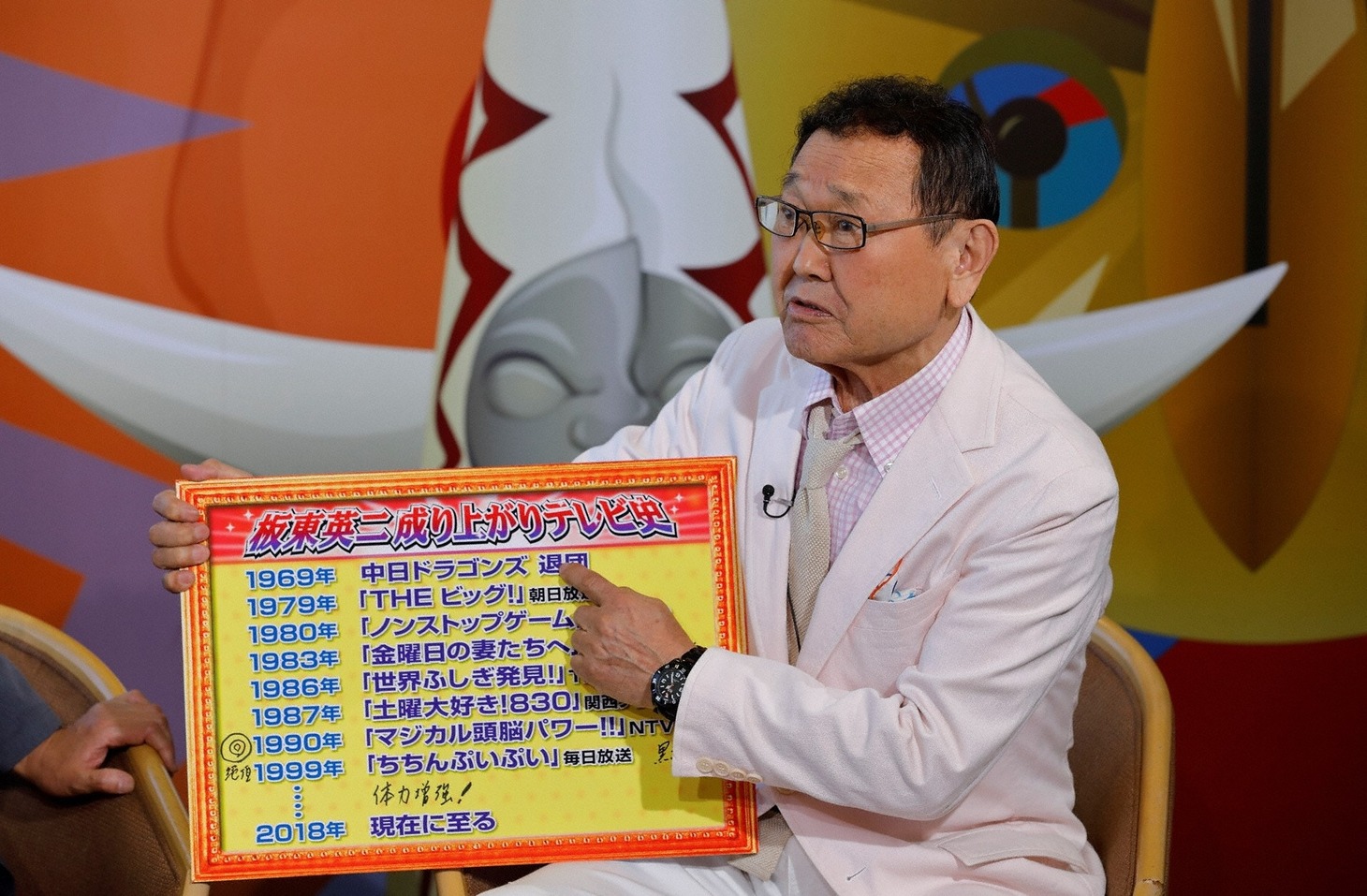 「板東英二成り上がりテレビ史」を自ら説明する板東英二。(c)関西テレビ