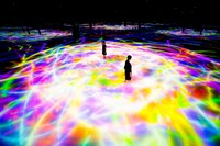 「チームラボ プラネッツ TOKYO DMM.com」内の作品「人と共に踊る鯉によって描かれる水面のドローイング」。