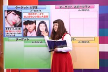 「採用！フリップNEWS」でボードを用いて自身の詐欺メイクにまつわるプレゼンを展開する、ゆにばーす・はら。(c)中京テレビ