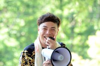 只見線乗車前の出発式で挨拶を任されたギンナナ菊池。