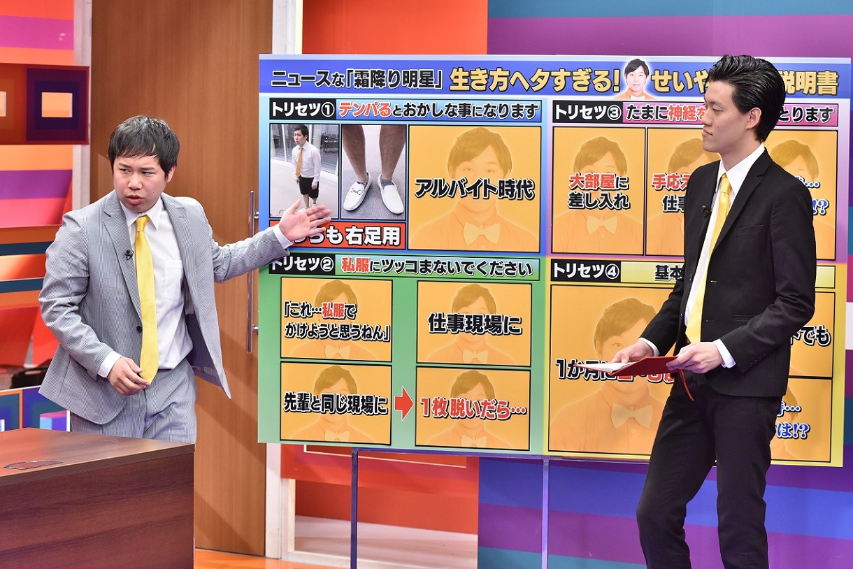 「採用！フリップNEWS」で「せいやの取扱説明書」をテーマにプレゼンを展開する霜降り明星。(c)中京テレビ