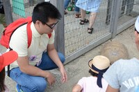 カメを見る子供たちに混ざるごろうさん。