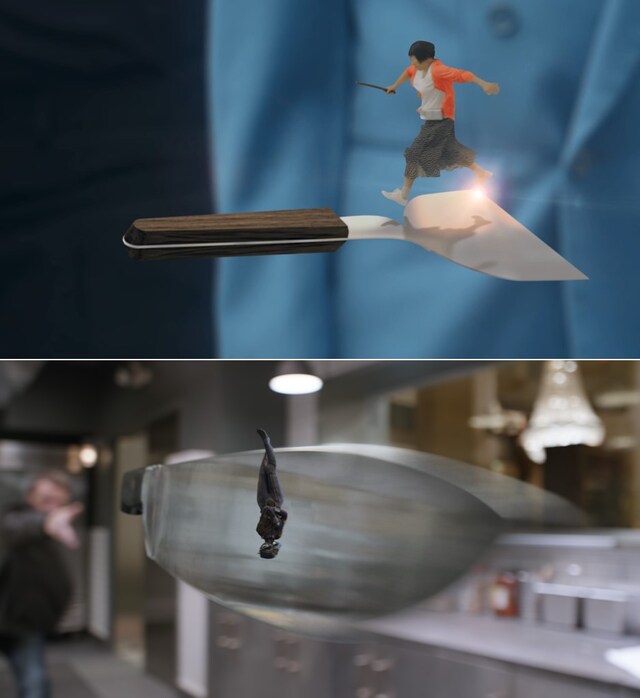 「『アントマン＆ワスプ』関西版特別映像」で身長1.5cmのアントマンサイズとなる、すち子（上）。