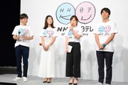 会見に出席した(左から)武田真一NHKアナウンサー、桑子真帆NHKアナウンサー、水卜麻美日本テレビアナウンサー、桝太一日本テレビアナウンサー。