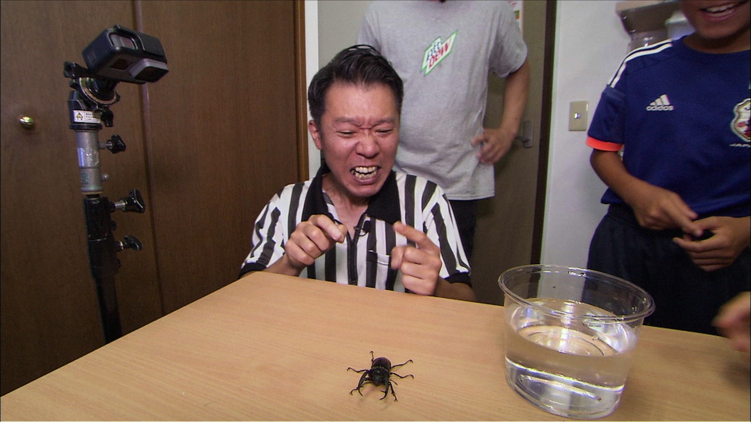 クワガタの強さをジャッジするモンスターエンジン西森。(c)ABC