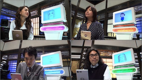 弟子AIと共に大喜利バトルに臨む千原ジュニア（左下）、ロッチ中岡（右下）、大久保佳代子（右上）、池田美優（左上）。(c)NHK