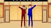 バーチャル空間に再現された道頓堀角座で漫才を繰り広げるアメザリのVTuber。