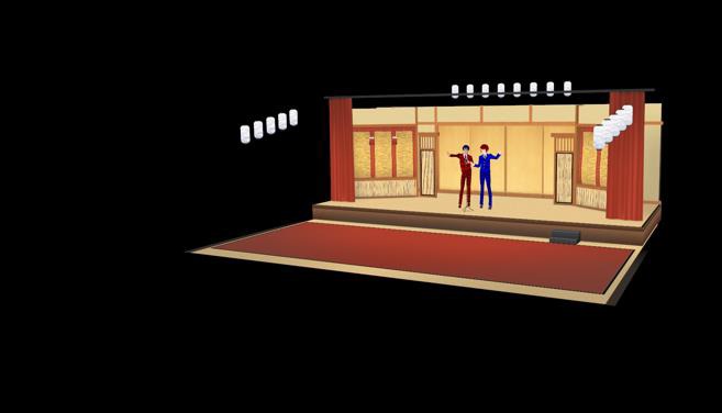 バーチャル空間に再現された道頓堀角座で漫才を繰り広げるアメザリのVTuber。