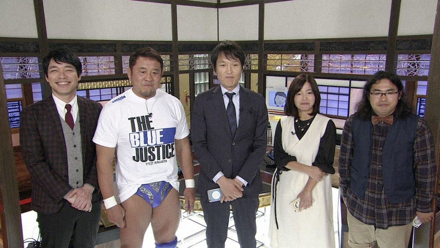 左から麒麟・川島、永田裕志、千原ジュニア、大久保佳代子、ロッチ中岡。(c)NHK