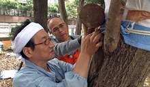 秘密基地作りに挑戦する春風亭昇太（手前）と田中要次（奥）。(c)BS朝日