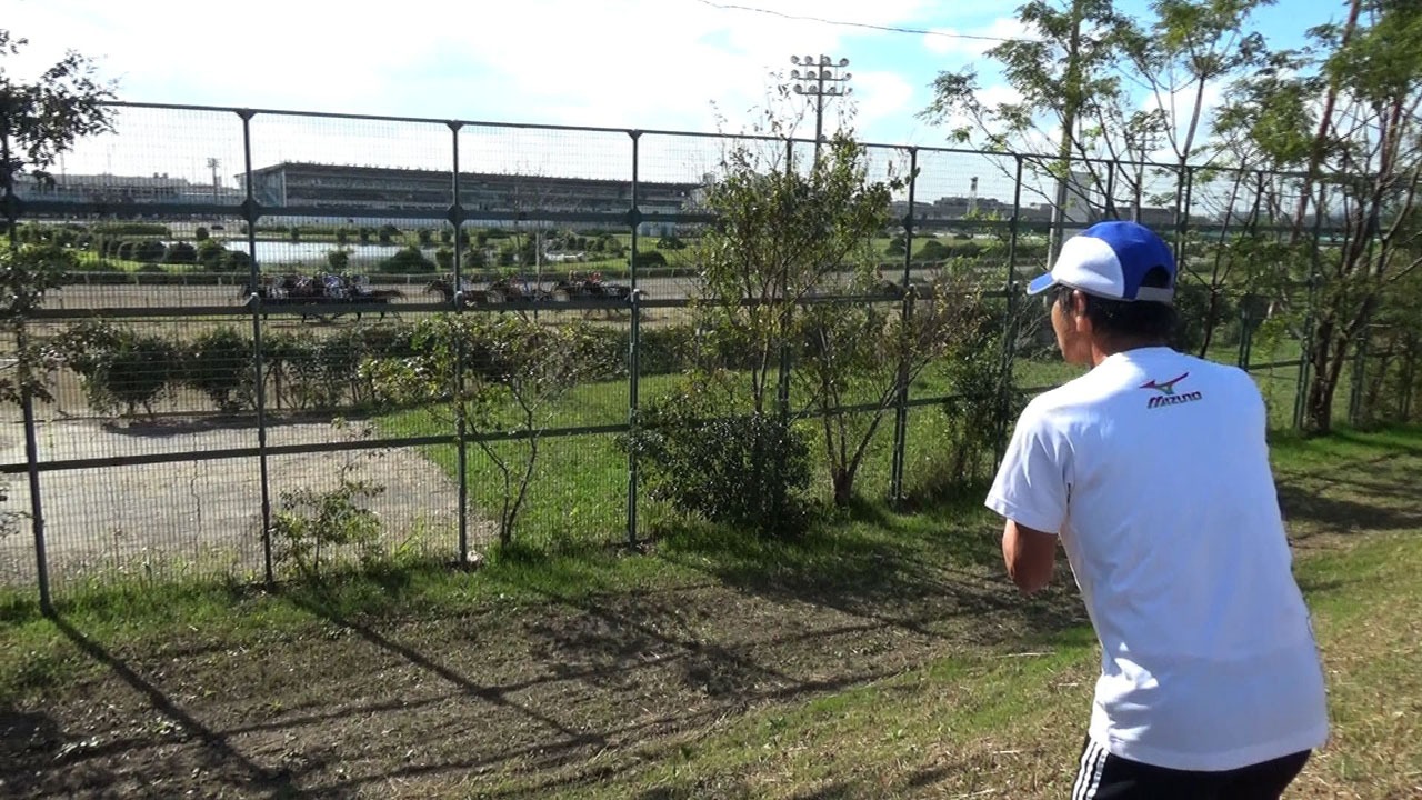 園田競馬場の周りをランニングしながら、レースも楽しむのが寛平流。(c)MBS
