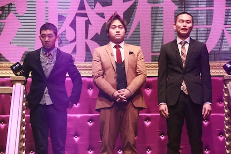 オーディションを勝ち抜いて「人志松本のすべらない話」に出演する(左から)四千頭身・後藤、ダブルヒガシ大東、かごしま太郎。(c)フジテレビ