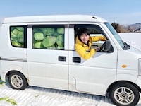 キャベツ畑にて、いかにも地元の農家風のアイロンヘッド辻井。