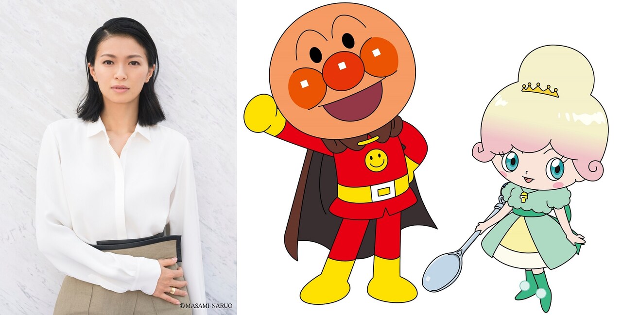 左から榮倉奈々、アンパンマン、バニラ姫。
