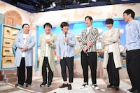 和やかに行われた取材会の様子。左からドランクドラゴン塚地、ムロツヨシ、内村光良、ココリコ田中、中川大志、シソンヌじろう。