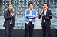 進行役の千鳥と狩野英孝（中央）。