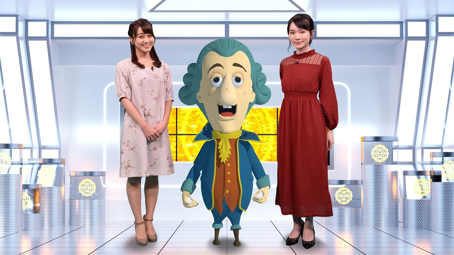 左から池谷麻依アナウンサー、サン・ジェルマン伯爵、小川紗良。(c)テレビ朝日