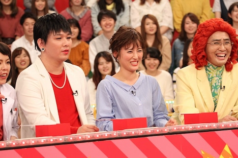 （左から）Mr.シャチホコ、福田彩乃、アイデンティティ田島。(c)フジテレビ