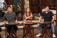 「石橋貴明のたいむとんねる」に出演する（左から）おぎやはぎ小木、池田美優、石橋貴明。(c)フジテレビ